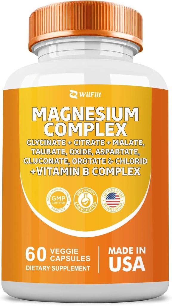 Suplemen Kompleks Magnesium, Clycinate 141mg Oxide 228mg Malate 58.5mg Citrate 62.4mg dengan Orotasi Glycina Tauroride Aspartate Gluconate Vitamin B, Mineral Suplemen 60 Capsules