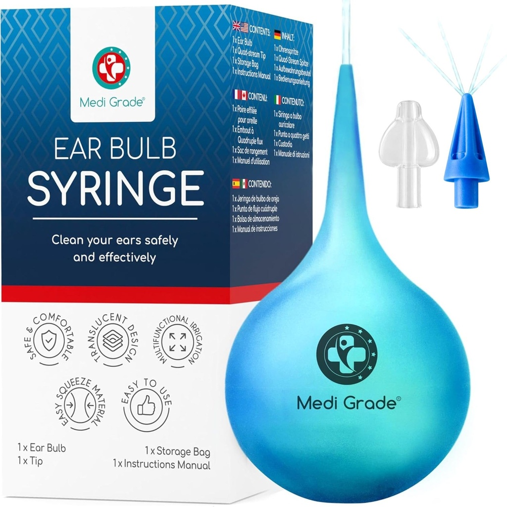 Medi Grade Ear Bulb Syringing - Ear Wax Removal Tool dengan Add- on Quad-Stream Stream Tip - Travel- Friendly Ear Cleaning Kit for Gentle Ear Flusher for Ear Wax - 2.54 fl oz