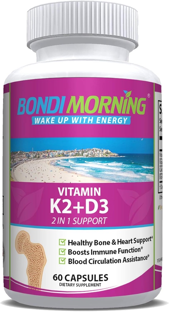 Tambahan Vitamin K2 + D3 untuk Bone & Heart Health - Potensi Tinggi 5000IU Vitamin D3 & 100mg Vitamin K2 (MK7) Capsules for Optimal Calcium Absorpsi - 60 Vegan Capsules