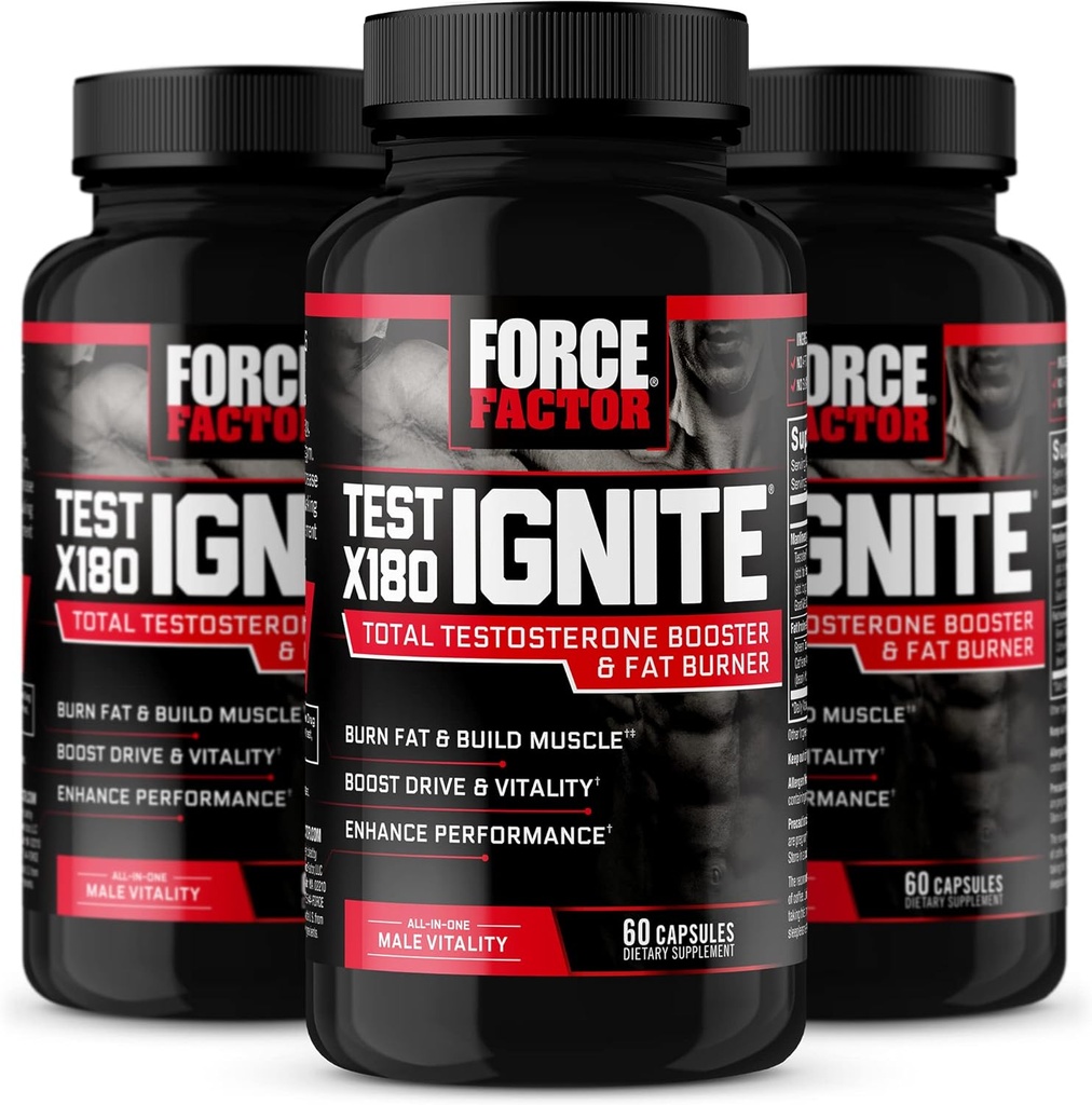 ForCE FacTOR Test X180 Ignite, Testosterone Booster & Fat Burner for Men, Testosterone Suplement to Help Build Muscle, Increase Energy, and Boost Vitalitas and Performance, 60 Count (Pack of 3)