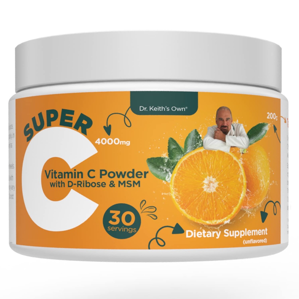 Dr. Keith 's Super C-High Dose menyuplai Vitamin C 4000mg dengan D-Ribose, Glycine, MSM-Aly Absorbable, Stomach- Friend-, Collagen Boost, Support immune - Unflasbored, 200 Grams (30 Pelayan)