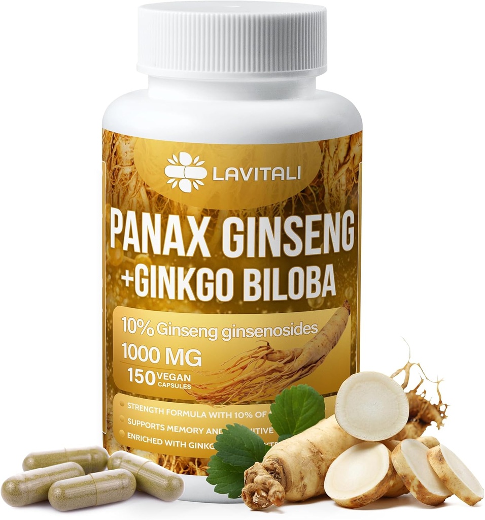 Ginseng & Ginkgo Biloba 150 Veggie Capsules, Bubuk Root Ginseng Root Extract, dengan Ekstraksi Ginkgo Biloba, 100% Natural & Non-GMO, Vegan, Gluten Free, Dairy Free