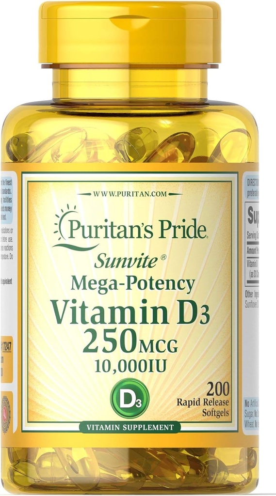 Puritan 's Pride Vitamin D3 250 mcg (10.000 IU) Softgels, 200 Count