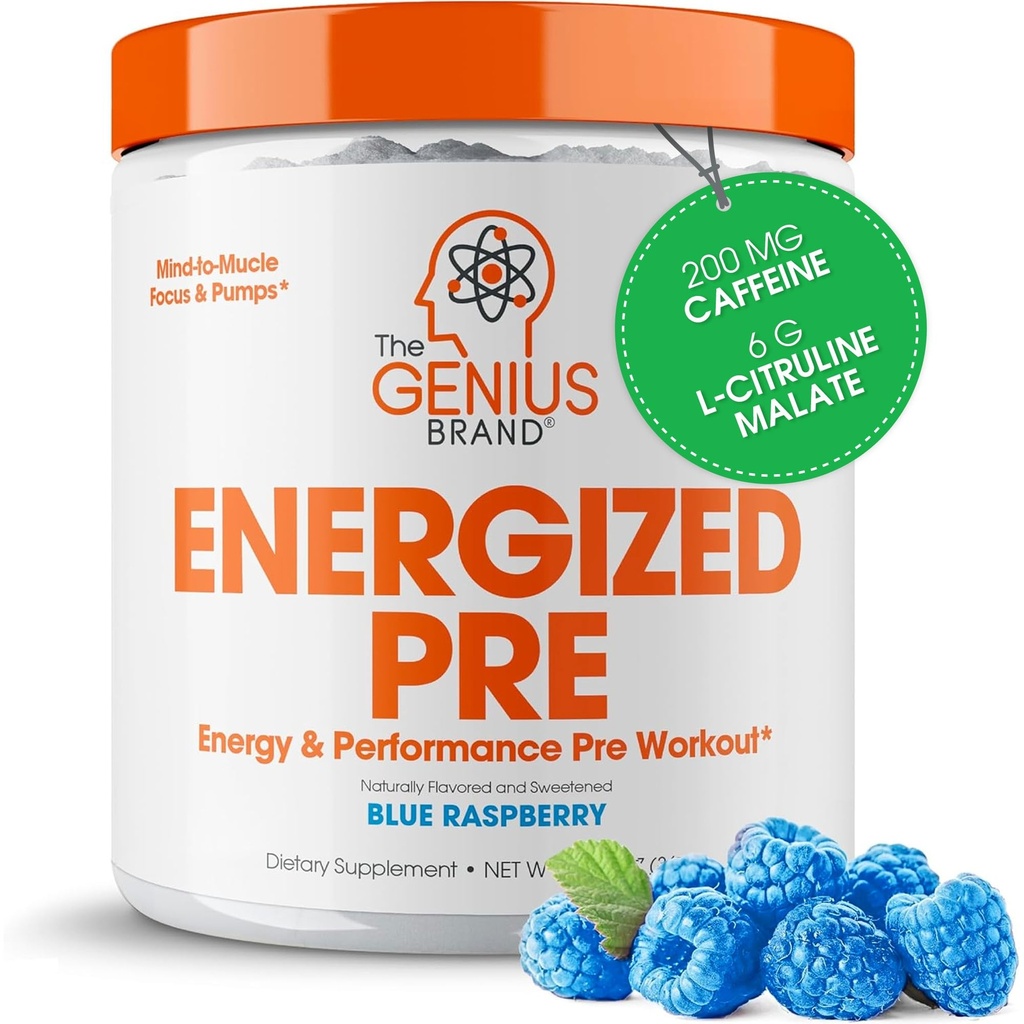 Genius Energized Pre Workout Powder - Caffeine Infused Pre-Workout Booster Suplement with Beta Alanine & Alpha GPC, No Articial Sweeteners or Dyes - 200mg Caffeine, 20 Servings, Blue Raspberry