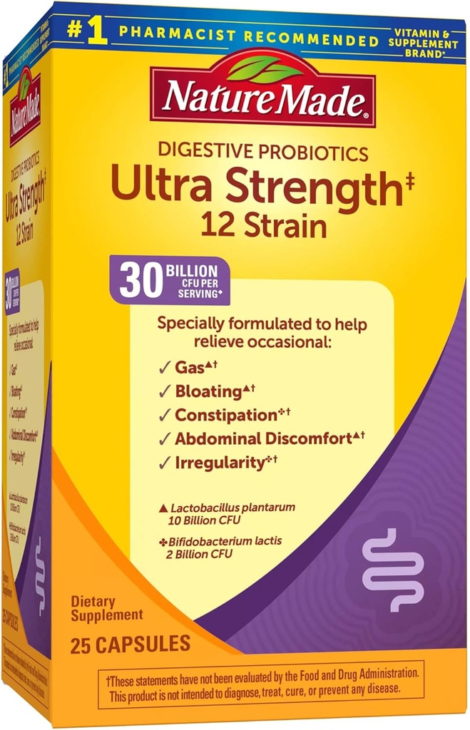 Nature Made Ultra Strake 12 Strain Digetical Progective, Probilefor Women and Men, 25 Probiotic Capsules, 25 Day Suppply