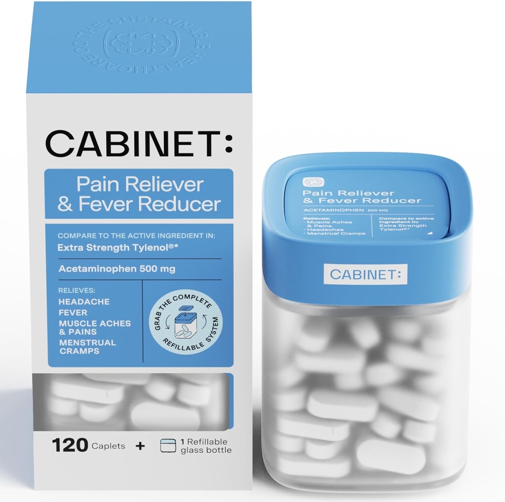 Kabinet: 500mg Acetaminopenhen untuk Relief sakit kepala, Toothaches, Sore Throat, dan Fever Reducer, termasuk 1 Refilable Medicine Jar, 120 Tablets (Starter Kit)