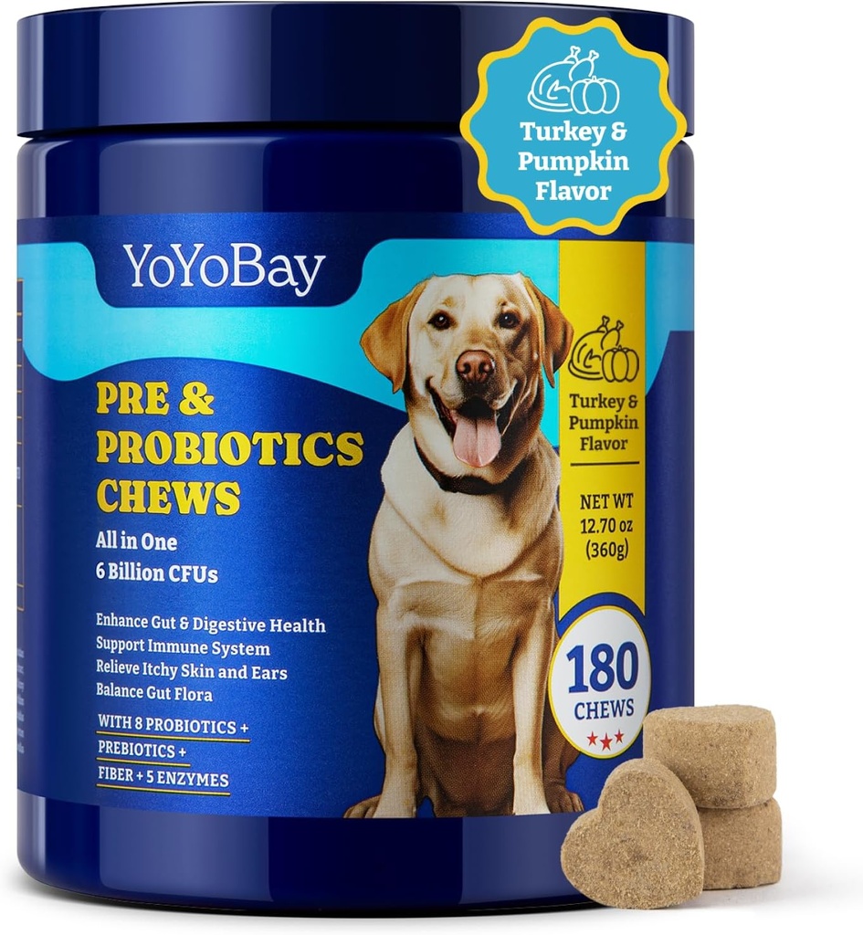 Progres for Dogs - 6 Milyar CFUs, Dog Propoles with Pregnotic & Digetical Enzimes for Gut, Imune & Skin Health - Turkey & Labu Flavor, 180 Soft Chews