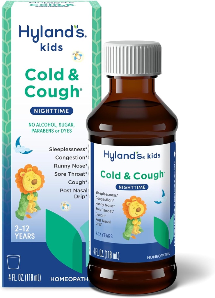Hyland 's Kids Cold and Cough, Nighttime Cough Syrough Medicine for Kids Ages 2 and up, Decongestant, Sore Throat relief and SleepIess, Relief of Common Cold Sympitics, 4 Fl Oz
