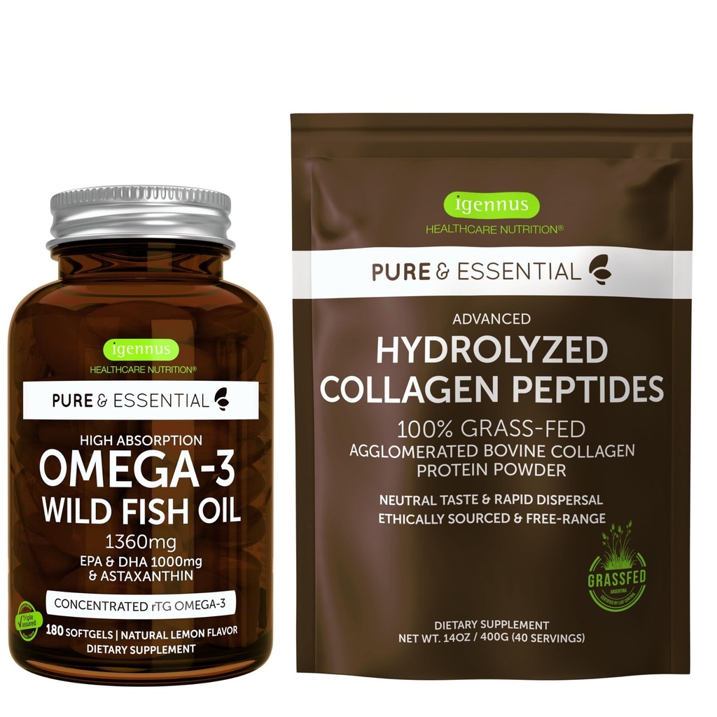 Absorpsi Tinggi Omega- 3 Wild Fish Oil 1360mg & Advanced Hydrolyzed Collagen Peptides Bundle, 100mg EPA & DHA dengan Astaxanthin & 100% Grass Fed Bovine Collagen Federder, oleh Igennus