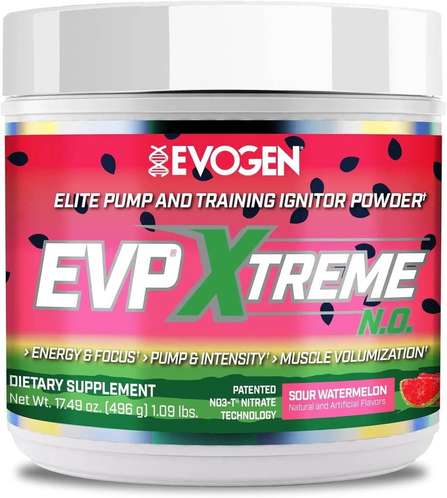 Evogen EVP Xtreme NO - Pra Workout Powder for Men & Women 124; Sugar Free Pretraining dengan Beta Alanine, Creatine, dan Caffeine for Energy & Pompa 124; Sour Watermelon 124; 40 Servis