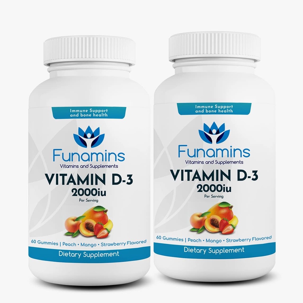 Vitamin D3 Gummies, 2- Pack, 60 Cacah Masing-masing, 2000iu per Serving, Support Immune System dan Bone Health; untuk Anak-anak & Dewasa; Peach, Mangga, Strawberry Flavors