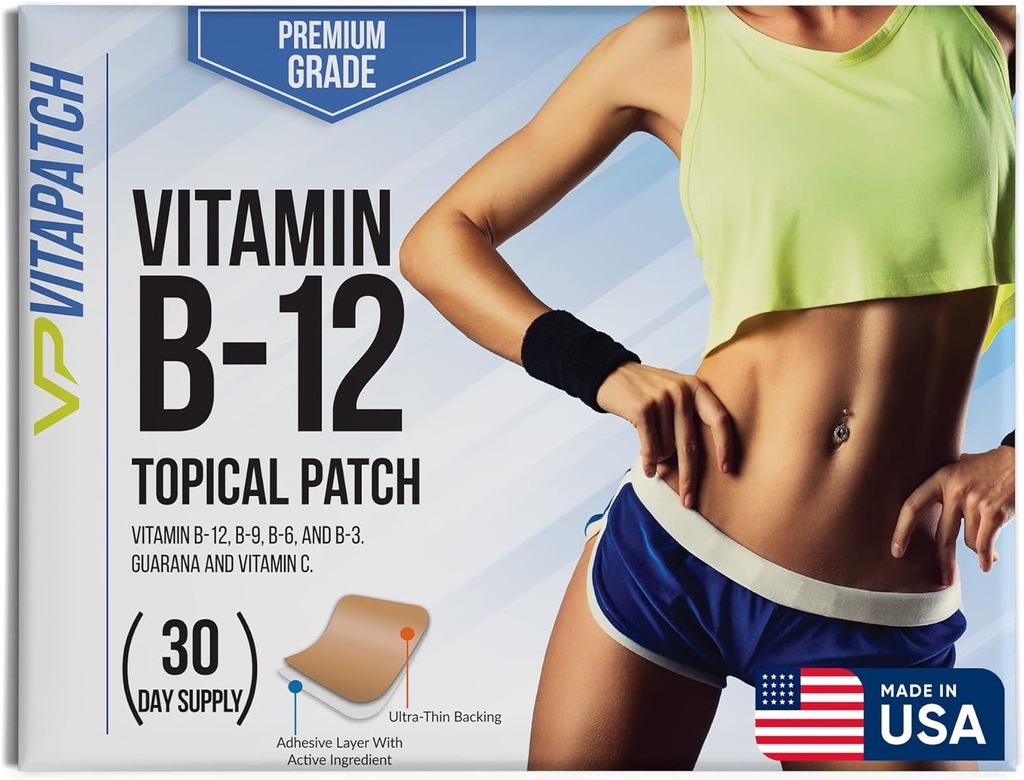 Premium Tingkat B12 Patch 30 Hari B12 Patch - Dibuat dengan Vitamin B12 Methylcobalamin untuk Energi & Vitamin Guarana - 100% Dibuat di Amerika Serikat
