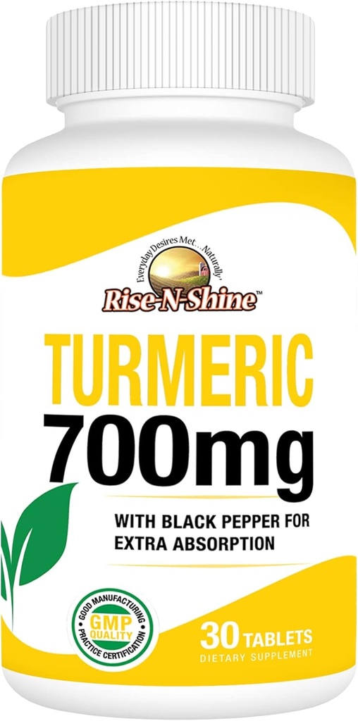 Rise- N- Shine 700 mg dari Curcumin Turmeric dengan Black Pepper - Herbal Suplemen untuk Skin dan Dukungan Gabungan - 30- Day Suppply