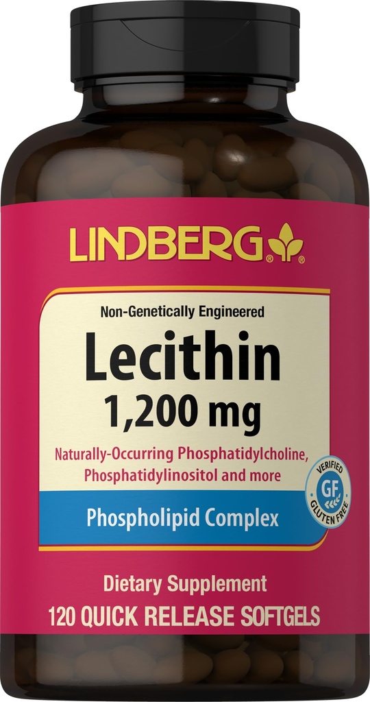 Lindberg Lecithin 1200 mg Tambahan 124; untuk Pria & Perempuan 124; 120 Softgel Capsules 12.4; Phospholipid Kompleks 126; Non-GMO, Gluten Bebas