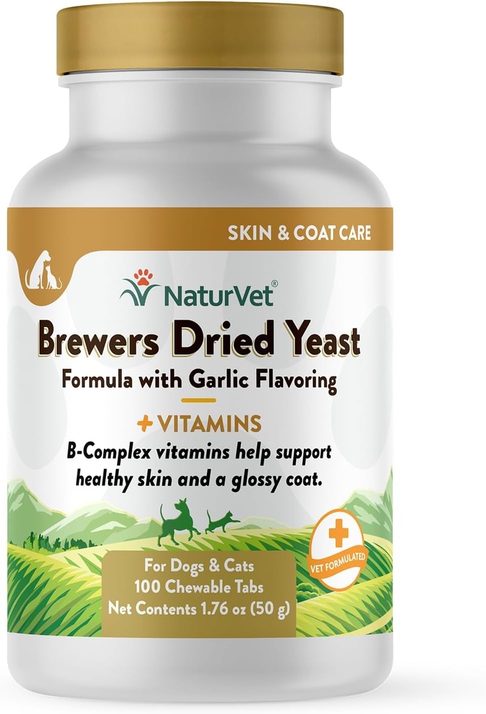 Vet Brewers Dry Yeast Formula dengan Garlic Flavoring Plus Vitamin for Dogs and Cats, Chewable Tablets, Made in The USA with Globally Source Ingreaints 100 Count