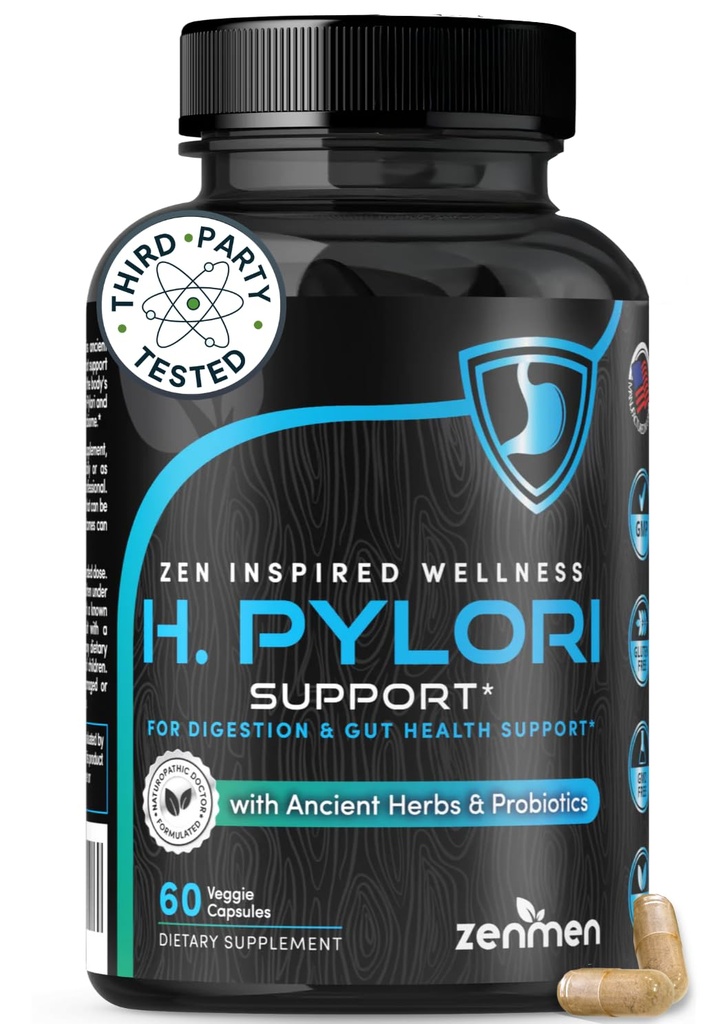 Zenmen H. Pylori Dukung 126; Laclezillus Reuteri Probiotic dengan Gum Mastic untuk Diffic & GI Health - Third Party Test, 60 Vegan Capsules, Dibuat di USA