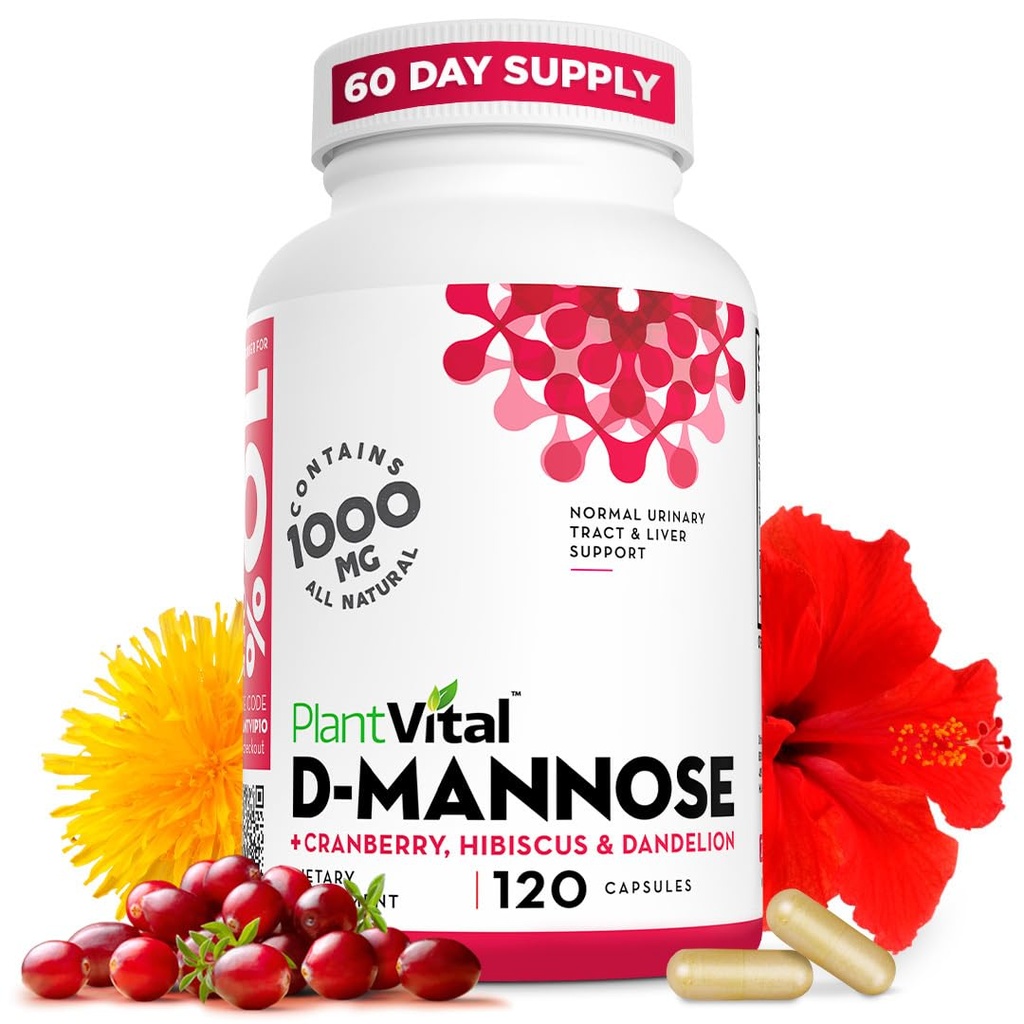 Plantvital D Mannose Capsules dengan Cranberry - D-mannose 1000mg Capsules - Potency Tinggi untuk Bladder, Ginjal dan Dukungan Tract Urinary. Cranberry Powder dengan Hibiscus dan Dandelion. Persediaan 2 Bulan