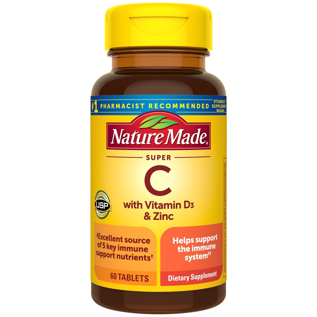 Nature Made Super C, Vitamin C dan Zinc dengan Vitamin D3, Dietary Supplemen Imune, 60 Tablet, Supply 60 Hari