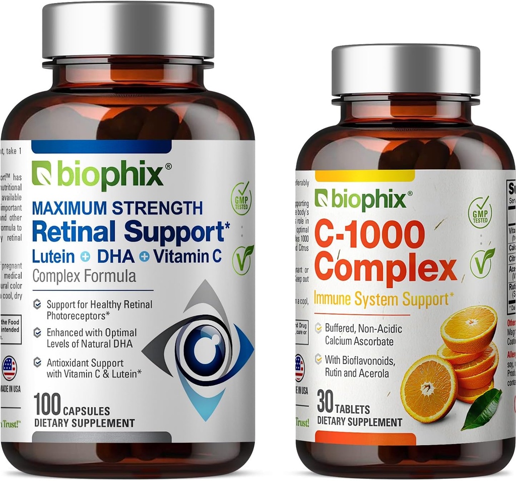 Biophix Retinal Dukung Maksimal Kompleks Formula 100 Capsules - Free C-1000 30 Tablet - Zinc Vitamin C E E Lutein DHA Omegaga- 3 Astaxanthin Hyaluronic Acid - Supports Eye Vision Health