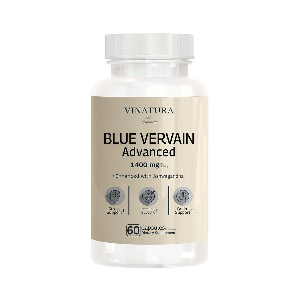 VINATURA Blue Vervain Lanjutan dengan Ashwagandha - 1400mg per serv, Blue Vervain Capsules, Blue Vervain Tea Alternatif, Kesehatan Otak, Bantuan Stress, Tambahan Ashwagandha - 60 Kapsul