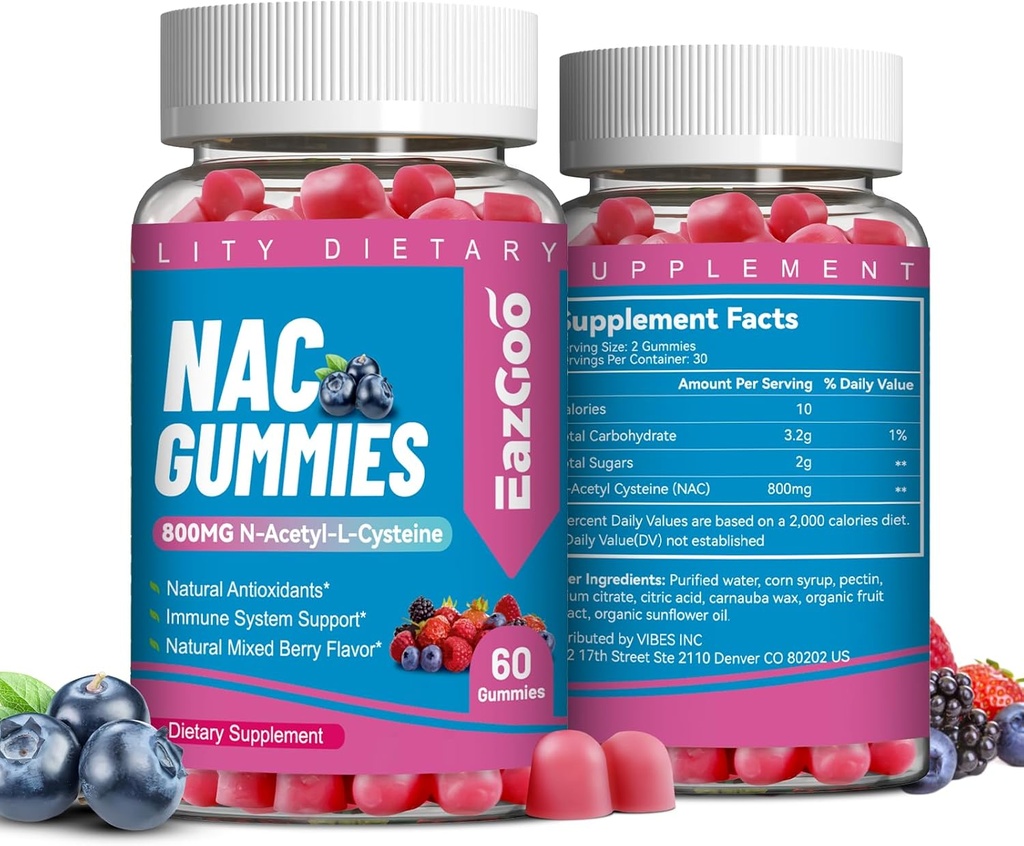 NAC Gummies 800mg, N- Acetyl Cysteine Suplement, NAC Suplemen untuk Imune System & Antioksidant, Non-GMO, Gluten Free, Vegan - 120 Counts