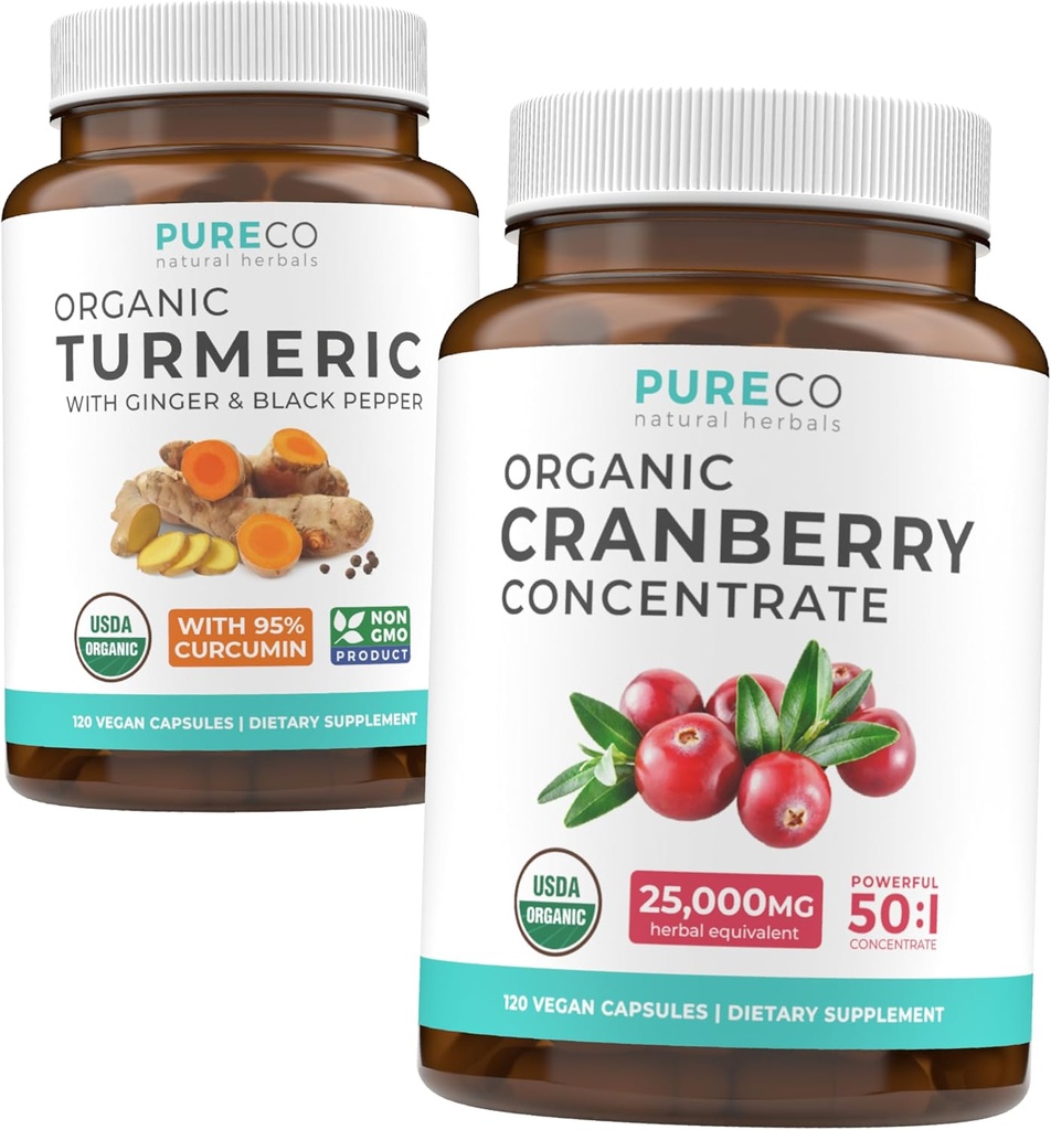 Turmeric & Cranberry Konsentrat (4-Month Supply) Cranberry Curcumin Bundle of Organic Turmeric Curcumin with Black Pepper & Ginger (120 Caps) & Organic Cranberry Concent 50: 1 Ekstraksi (120 Caps)