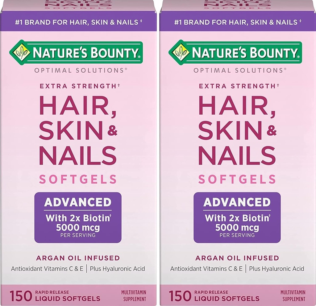 Rambut Bounty Alam, Skin & Nails Rapid Lepaskan Softgel, Argan- Infused Vitamin Suplemen dengan Biotin dan Acid Hayalanic, Supports Rambut, Kulit, dan Kesehatan Nail untuk Perempuan, 150 Cacah (Paket 2)