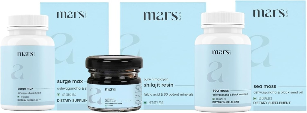 Mars oleh GHC Performance Plus Combo 124; Surge Max Caps, Murni Himalaya Shilajit Resin, Benih Hitam & Natural Moss Capsules; Pasokan Energi, Stamina & Overall Well- Menjadi 124; Paket 1