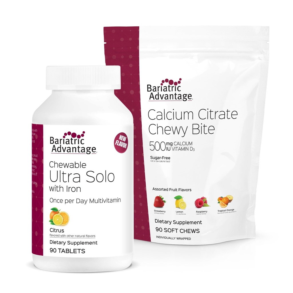 Bariatric Advices Chewable Ultra Solo dengan Besi - Citrus, 30 Count dan Kalsium Citrate Chewy Bites 500 mg - Didukung Fruit Flavor, 90 Count