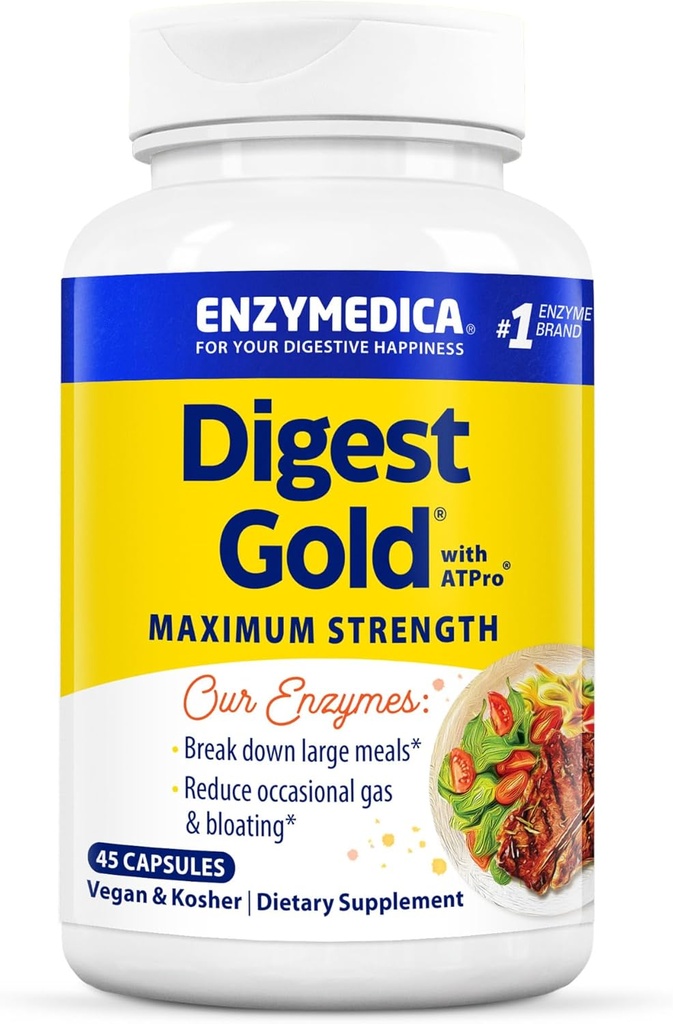 Enzymedica Digest Gold + ATPro, Maximum Power Enzyme Formula, Prevents Bloating and Gas, 14 Key Enzymes Termasuk Amylase, Protease, Lipase dan Lactase, 45 Capsules (FFP)