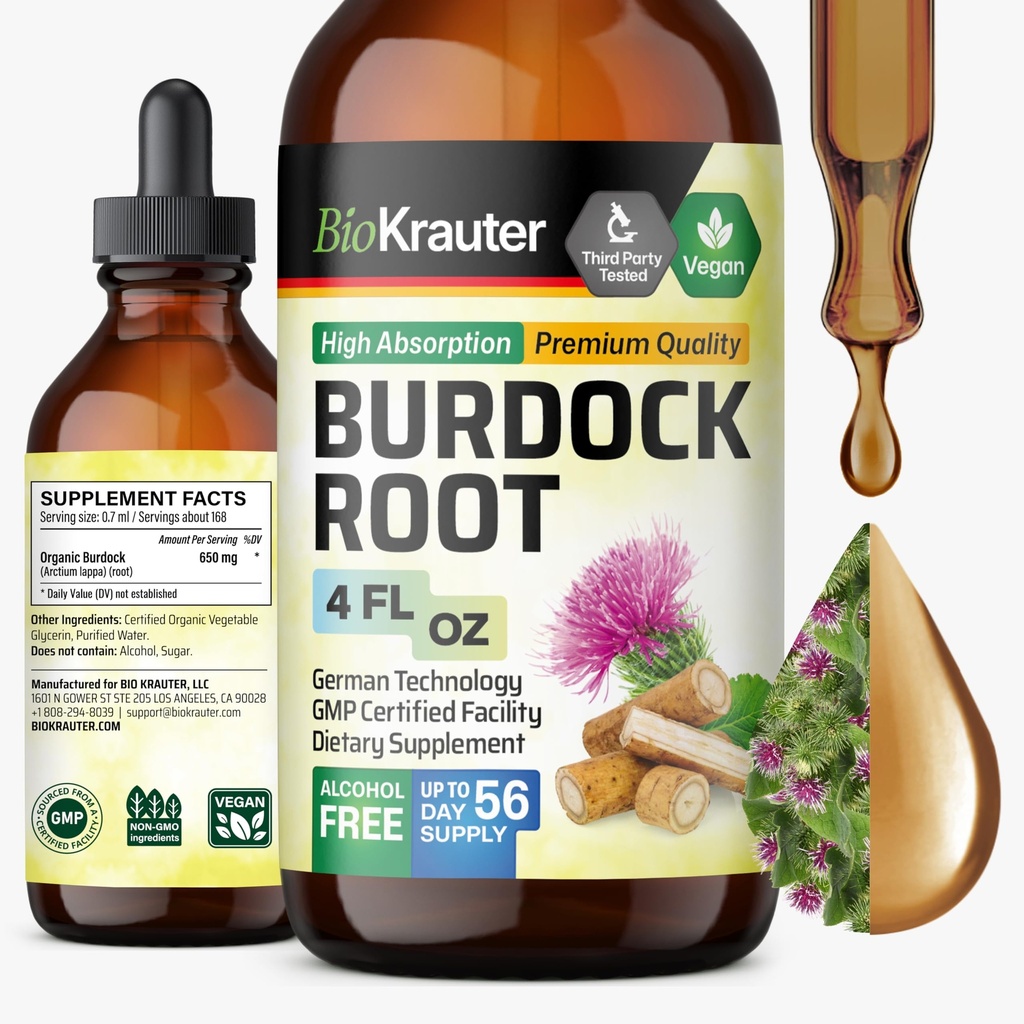 BIO KRAUTER Burdock Root Tincture - Antioksidant Dupport Liquid Extract - Burdock Root Extract - Alkohol dan Gula Free - Vegan Drops 4 Fl.Oz.