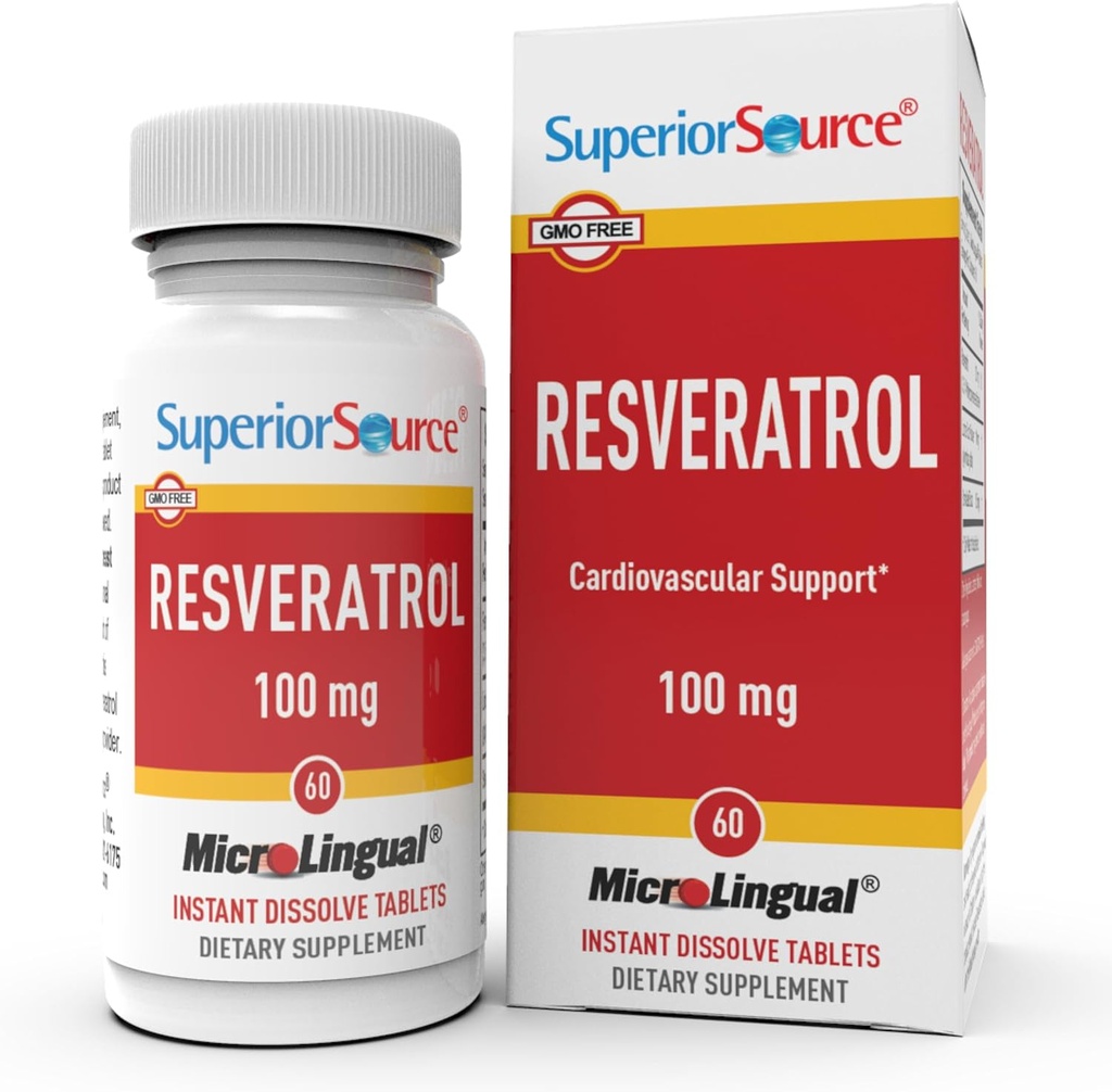 Reveratrol Sumber Superior 100 mg - Superior Superior Reveratrol Tambahan Dieter untuk Penuaan Kesehatan - Mendukung Otak & Hati Kesehatan - Non-GMO & Gluten- Free - 60 Instant MikroLingual - Dissolve Tablet