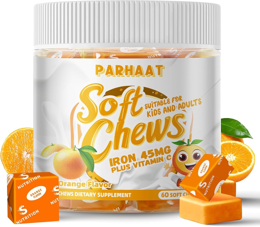 Iron Soft Chew Suplemen dengan Vitamin C 124; Orange Flavored 124; Gluten Free Supplemen Besi untuk Pria dan Anak-Anak Perempuan 124; 60 Count 124; 2 Pasokan Bulan