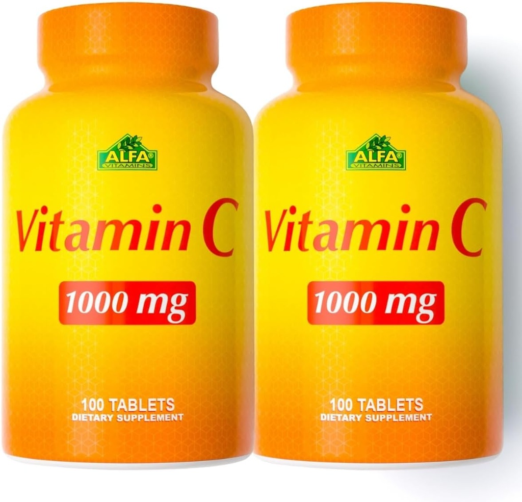 ALFA VTAMINS Vitamin C Supplemen 10000mg, Antioksidant yang kuat untuk Dukungan Imune & Sehat Skin, Formasi Promosen Collagen, Tambahan Dietary Wellness, 100 Tablet, 2 Botol