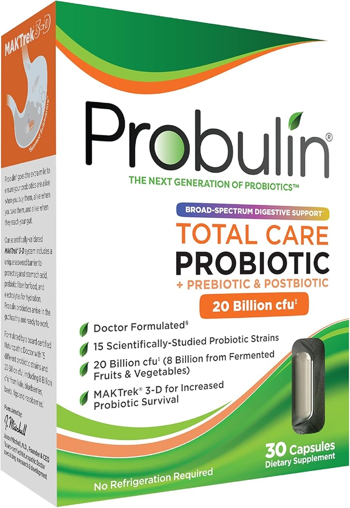 Probulin Total Care Probiotic Suplement, Daily Gut, Digeptical, dan Ammune Health Prosules Capsules for Men and Women, 20 Milyar CFU, Vegan, 30 Count Box