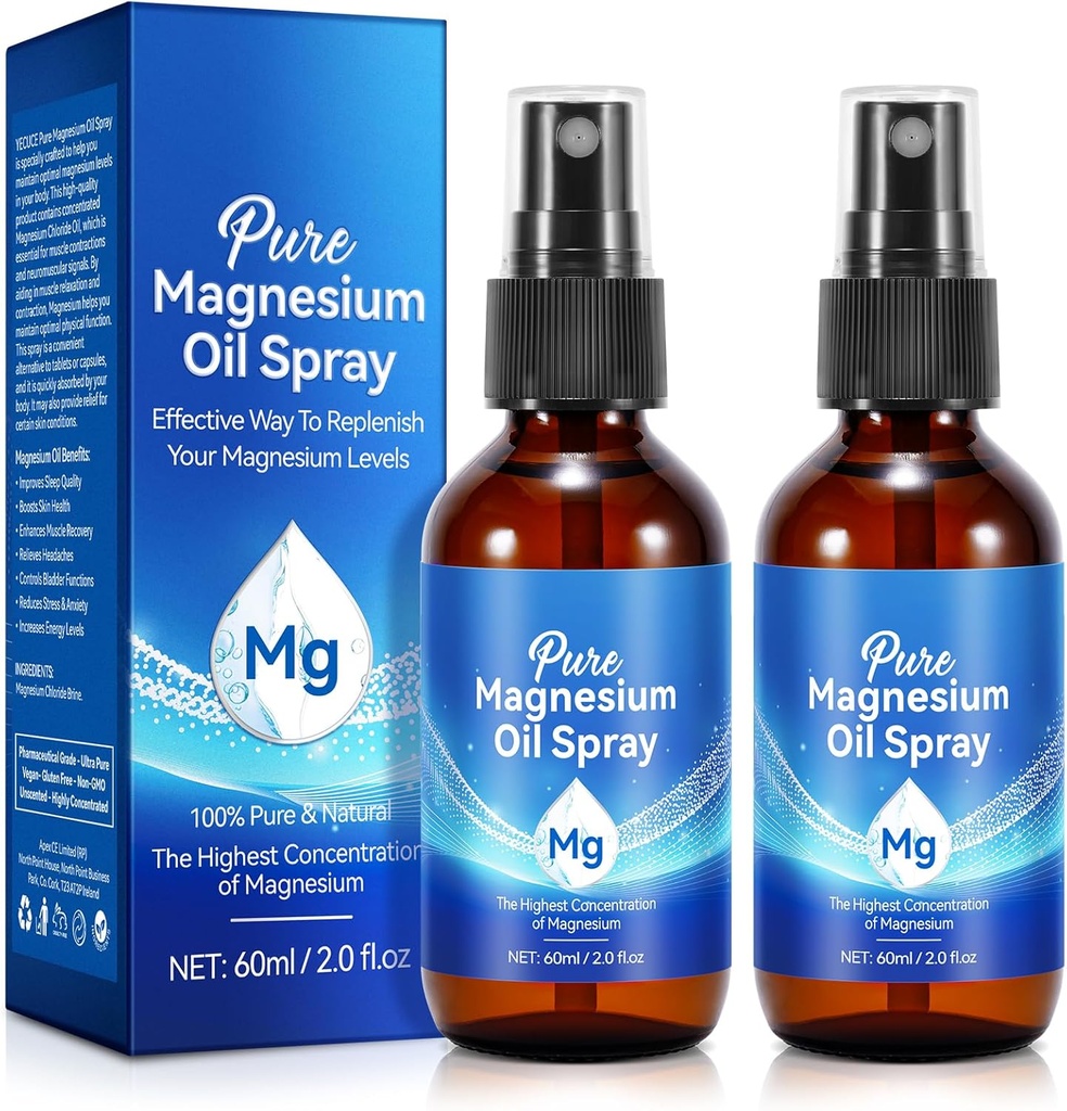 Semprotan Minyak Magnesium, Pure Magnesium Oil for Feet, 100% Natural & Organic Magnesium Sprasium Glass Bottle, Easy to Absorb & Use, Topical Magnesium Oil (4 Fl Oz, Paket 2)