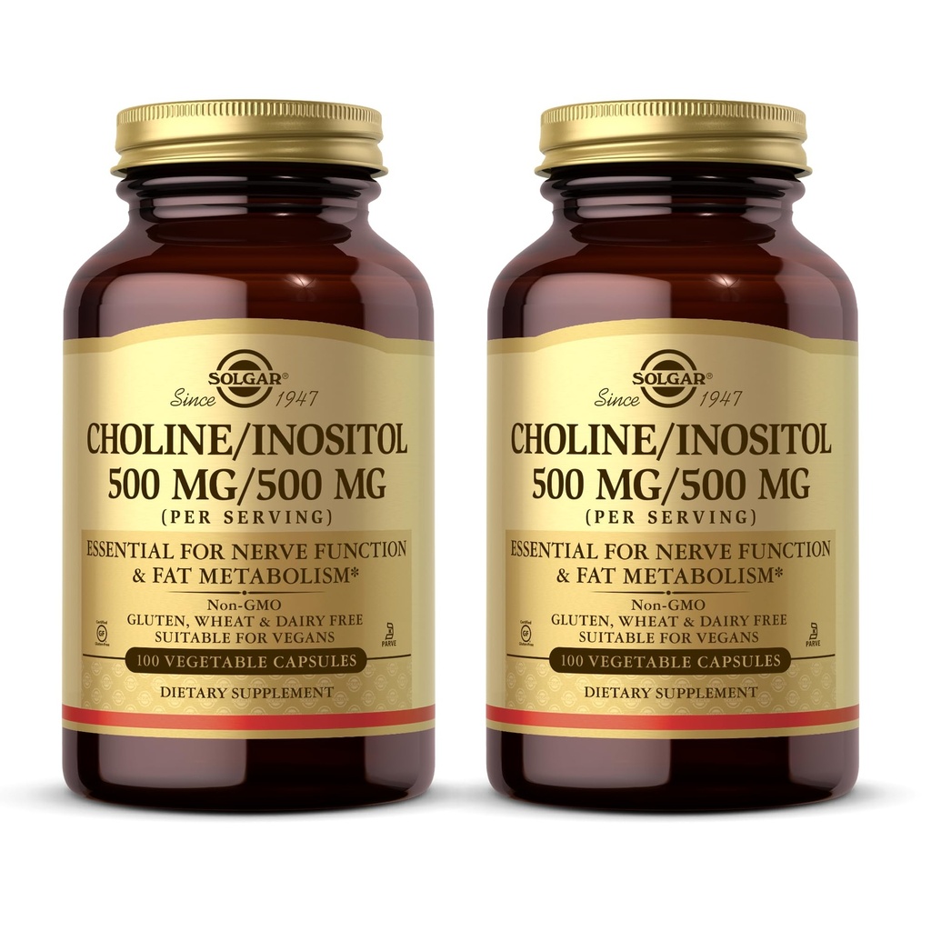 Solgar Chooline / Inositol 500 mg / 500 mg, 100 Vegetable Capsules (Paket 2) - Energi Metabolisme, Kesehatan Hati, Esculity & Nerve Fungsi - Non-GMO, Vegan, Kosher - 100 Total Servis