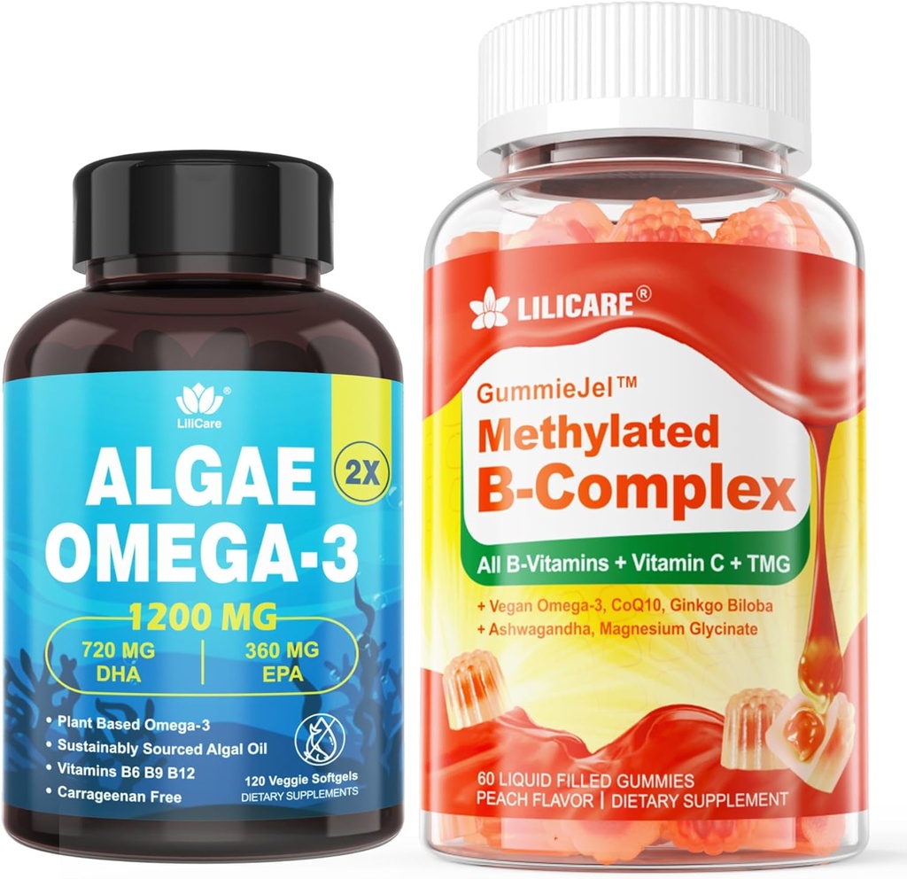 Vitamin B Complex Filled Gummies & Plant-Based Algae Omega 3 1200mg Suplemen