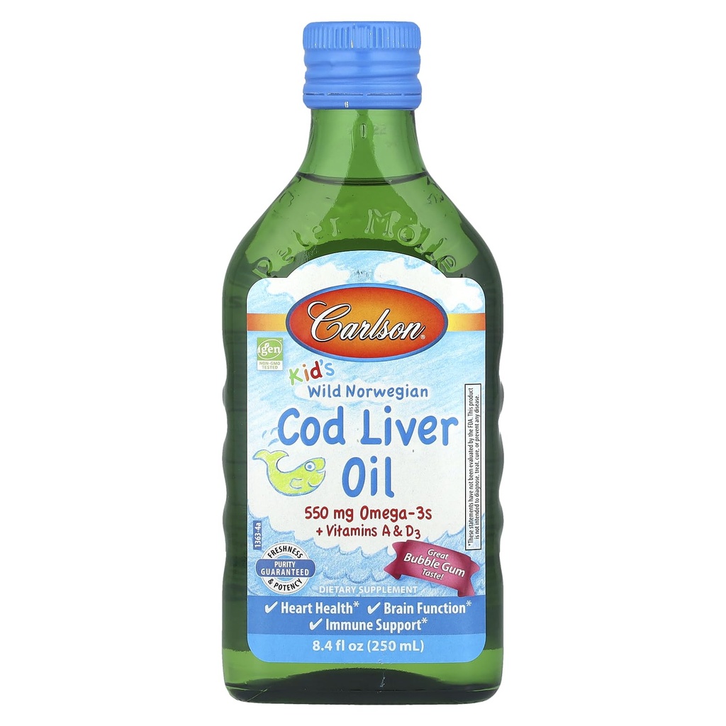 Carlson Kid 's Wild Norwegia, Cod Liver Oil + Vitamin A & D3, Bubble Gum, 8.4 fl oz (250 ml)