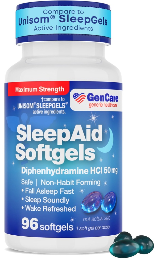 GenCare Maximum Power Night Time Aid Supplement for Dewas Deep Sleep Pills with Diphenhydramine HCI 50mg to Fall Asleep Faster - Strong None Habit Forming PM Sleeping Relief [96 Softgels]