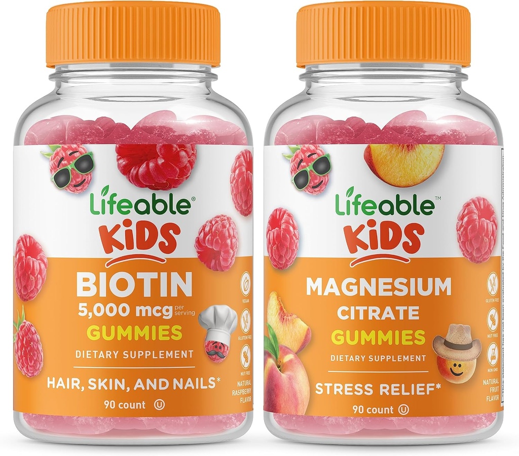 Lifeable Biotin Kids + Magnesium Citrat Kids, Gummies Bundle - Great Tasting, Vitamin Suplemen, Gluten Free, GMO Free, Chewable Gummy