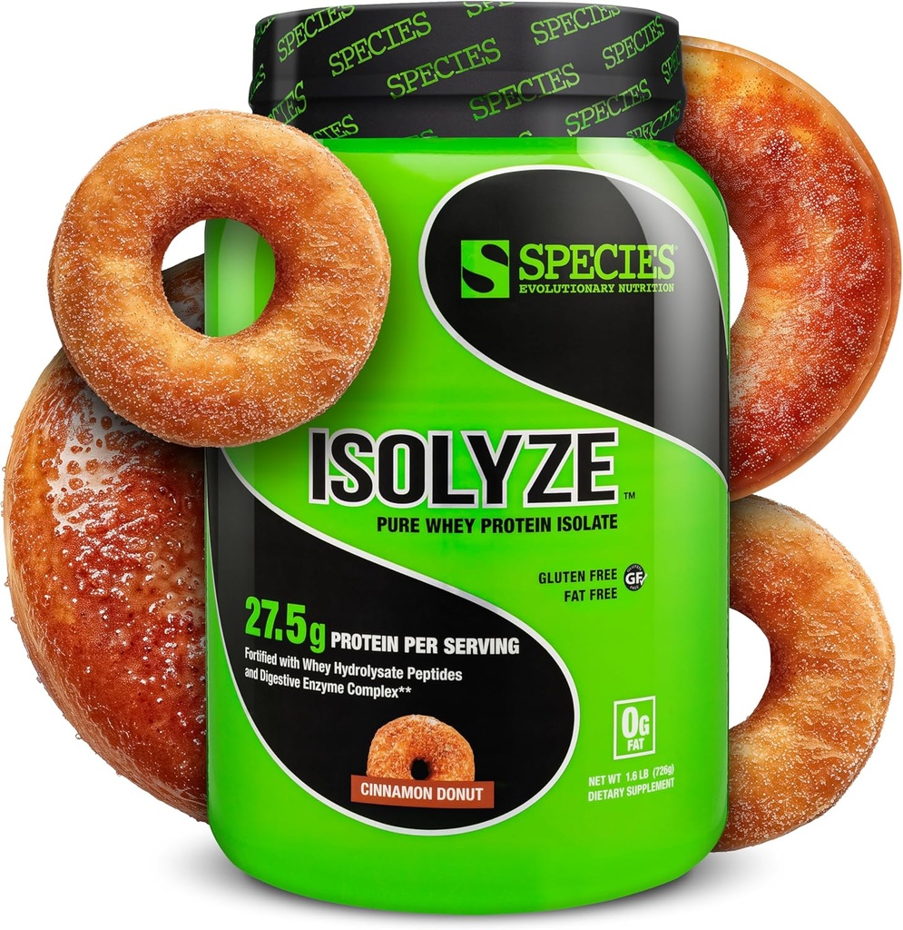 Species Nutition Isolyze Whey Protein Powder, 100% Whey Isolate for Muscle Building, 27.5g Protein Per Scoop, No Sugar & Low Fat (Cinnamon Donut, 22 Servings)