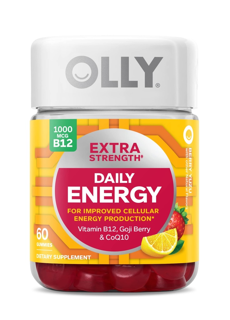 OLLY Extra Energy Gummy, Caffeine Free, 10000 mcg Vitamin B12, CoQ10, Goji Berry, Dipasang Supplemen, Berry Yuzu Flavor - 60 Count