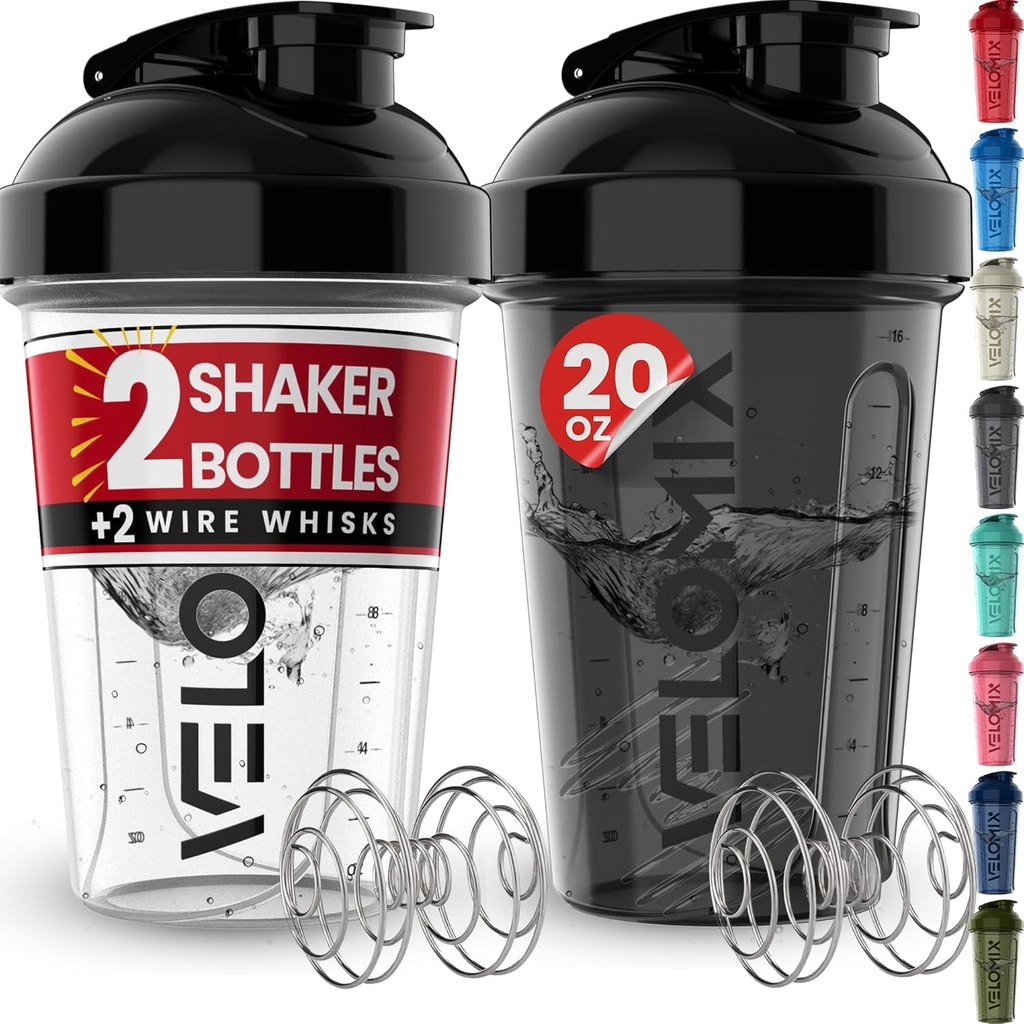 VELOMIX -2 Pack- 20 oz Protein Botol Shaker untuk Protein Mixes - 2x Wire Whilk 124; Leak Proprice Shaker Cups for Protein Shakes and Pra Workout 124; Protein Shaker Bottle Pack (Black / Transparan)