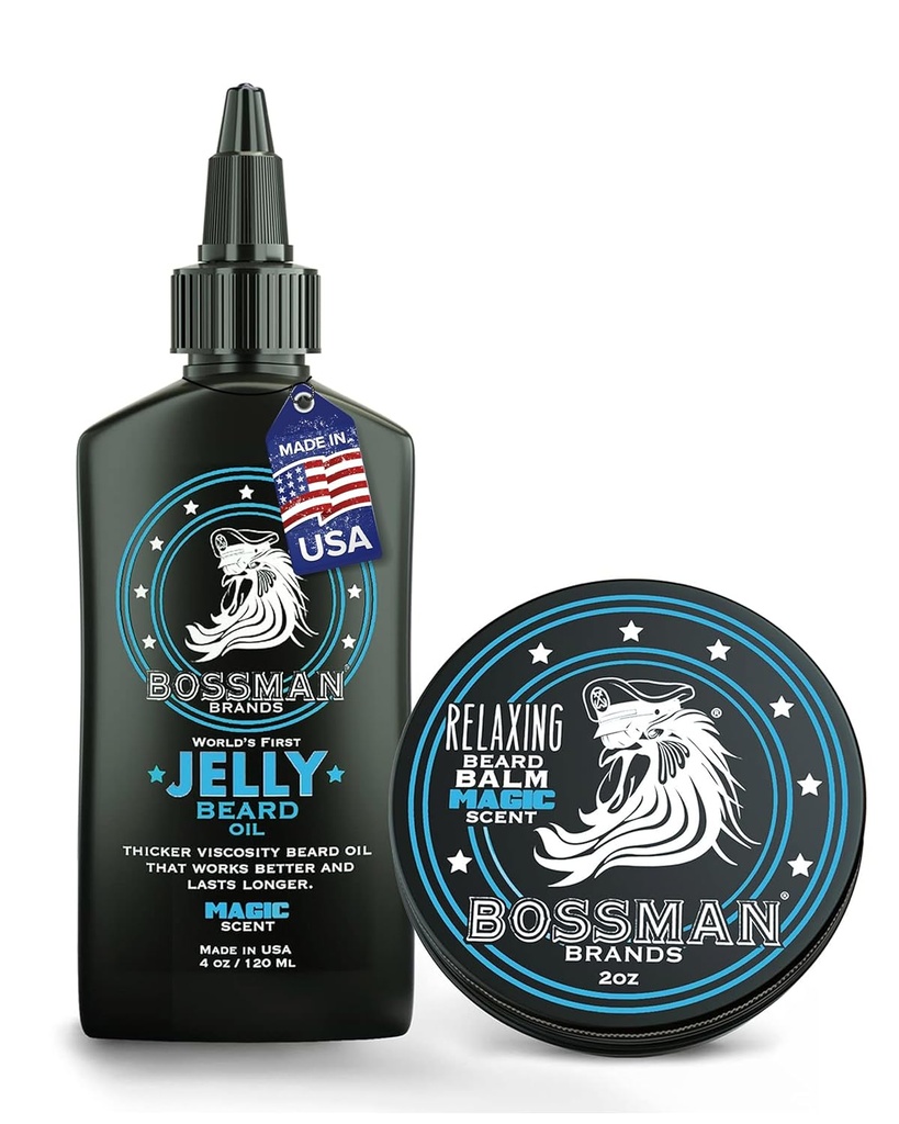Bossman Jelly Beard Oil for Men & Beard Balm for Men Combo - Softens, Tames Moisturizes & Conditions - Magic Scent - Natural Ingreations & Dibuat di USA