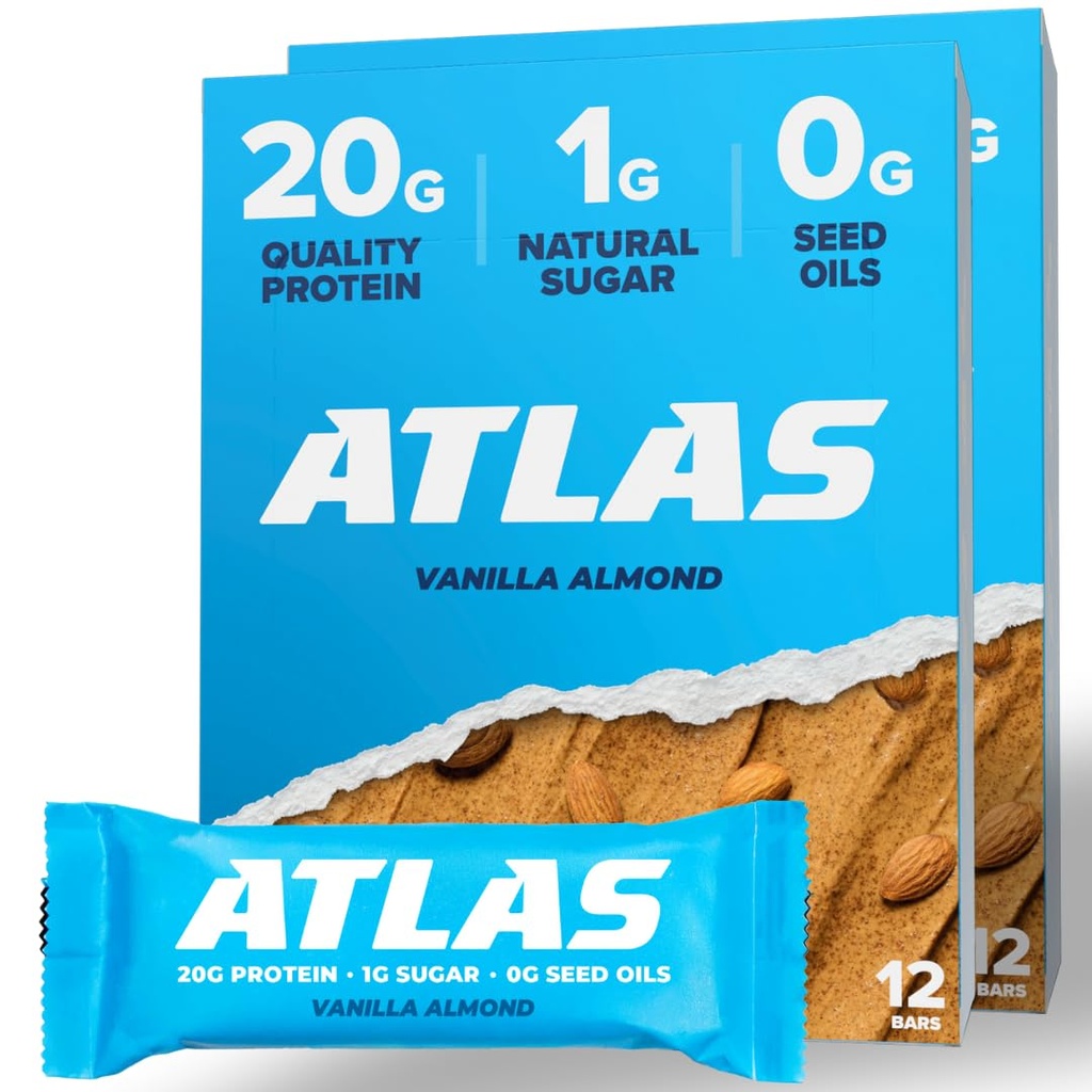 Atlas Protein Bar - 20g Clean Protein, 1g Natural Sugar, Tidak Ada Minyak Benih, Gluten Bebas, Tidak Ada Pembersih Buatan - Vanilla Almond 24 Count