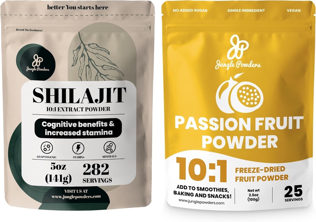 Popper Jungle Premium Duo: 5oz Raw Shilajit & 3.5oz Passion Fruit Quoder - Dukungan Energi Pria, Ammune Boost, dengan Bekukan Passion Passion untuk Baking, Smoothies, Additive- Ekstraksi Bebas
