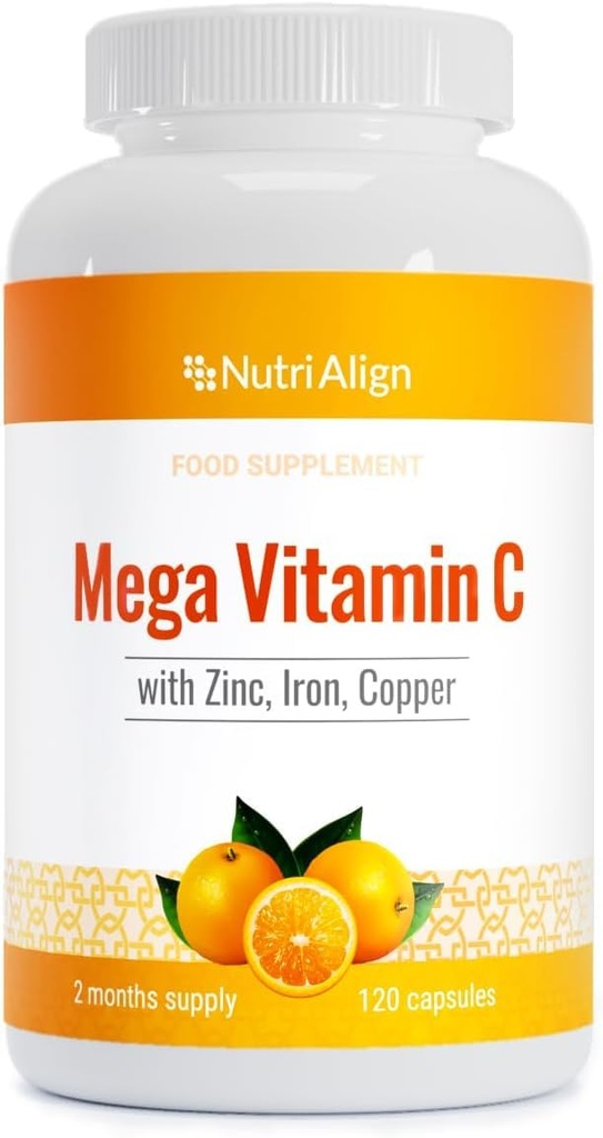 Nutri-Align Mega Vitamin C 124; 120 High Strength Vitamin C 1000mg Capsules - Vitamin C dan Zinc, Iron & Copper Supplemen 124; VIT C Suplemen 124; Gluten & Sugar Free 124; powerful Antioksidant