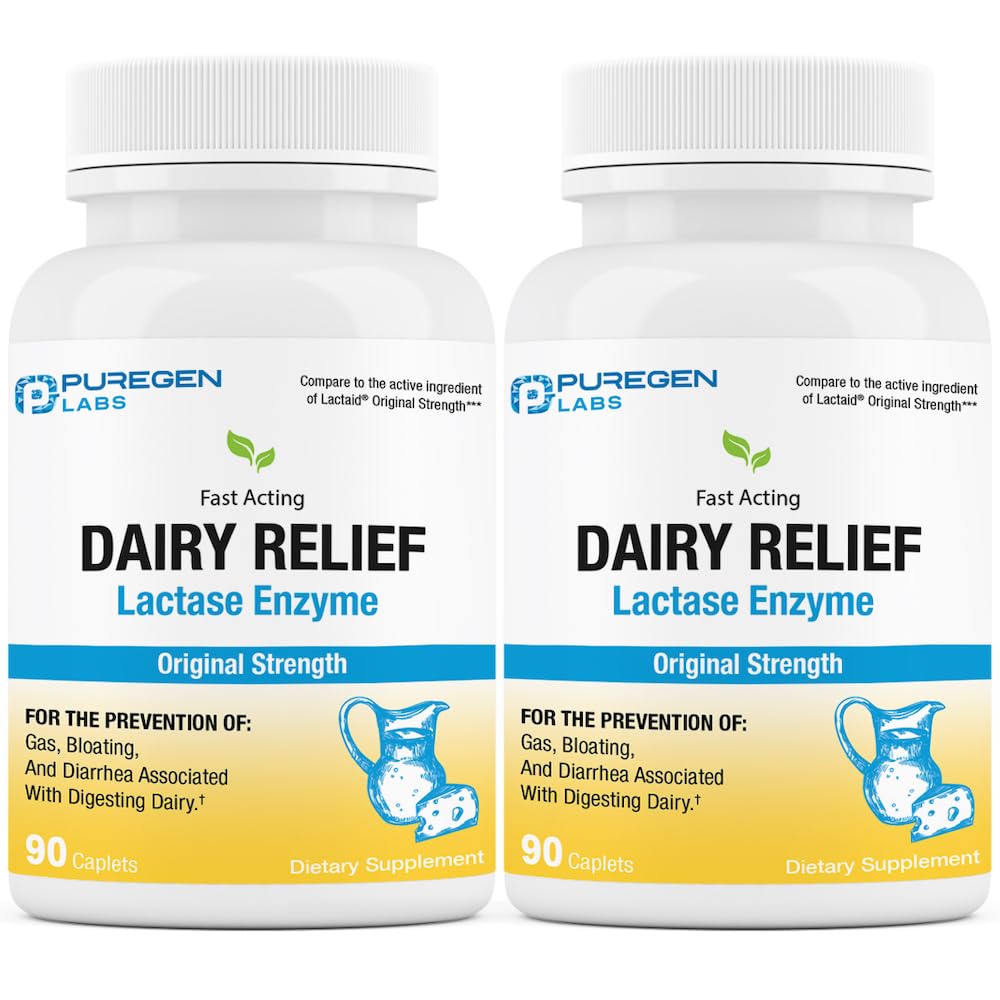 Relief Dairy Lab Puregen Akting Natural Lactase Enzyme 3000 FCC, Laktosa Intoleransi Pil 12.2 Pack - 180 Caplets Total