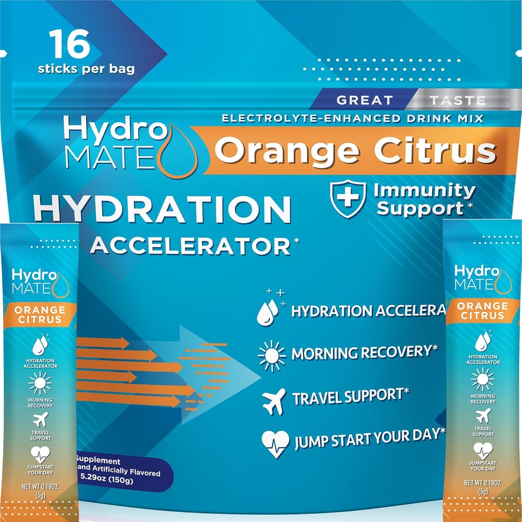 HydroMATE Electrolytes Powder dengan Low Sugar - 16 Paket Hidration Instant dengan Vitamin C Orange ke Boost Energy - Low Sugar Electrolytes Pawder Pawet untuk Mendukung Hidration for Fast Party Recovery